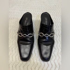 Brighton TWIGGY Black Croc Leather Mules Silver Metallic Detail Heels Shoes 8.5N